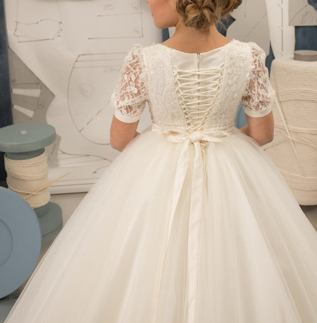 Sunnypetal Ivory Ball-Gown Tulle Appliques Sequins Half Sleeve Flower Girl Dresses