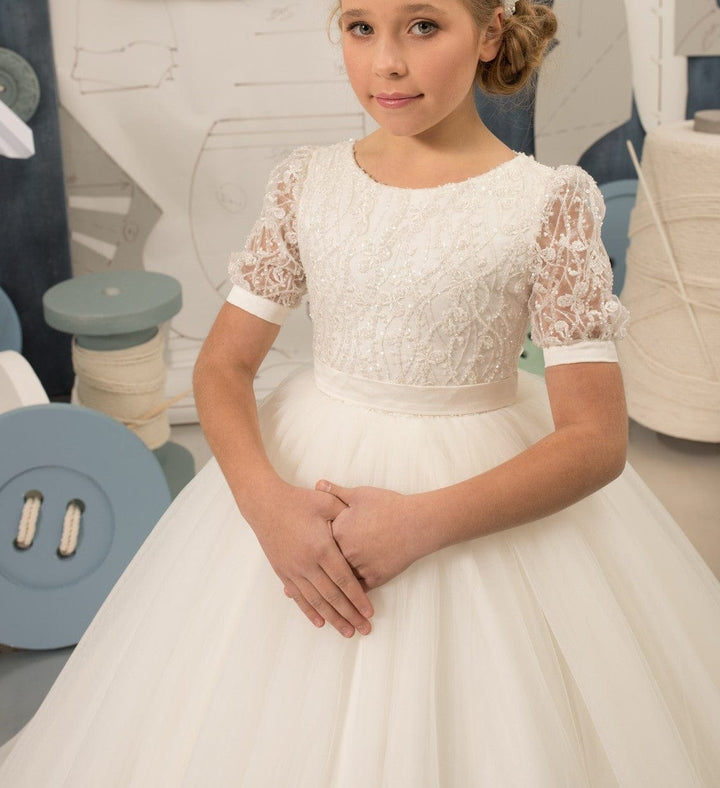 Sunnypetal Ivory Ball-Gown Tulle Appliques Sequins Half Sleeve Flower Girl Dresses