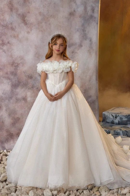 Sunnypetal Ivory Floral Tulle Flower Girl Dresses Scoop Neck Off-The-Shoulder Communion Dress