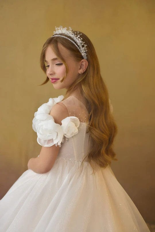 Sunnypetal Ivory Floral Tulle Flower Girl Dresses Scoop Neck Off-The-Shoulder Communion Dress