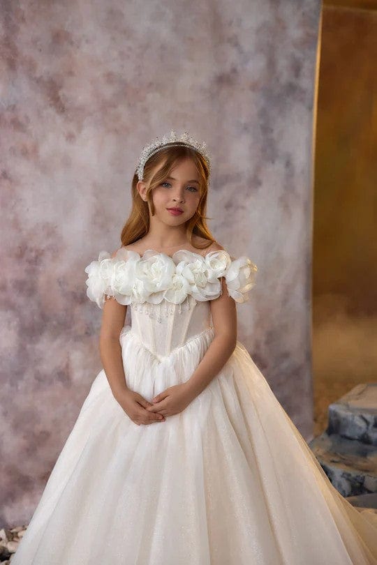 Sunnypetal Ivory Floral Tulle Flower Girl Dresses Scoop Neck Off-The-Shoulder Communion Dress