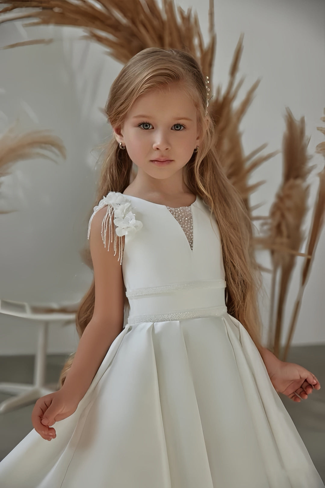 Sunnypetal Ivory High Waist Flower Girl Dresses Satin Fit and Flare Communion Dress