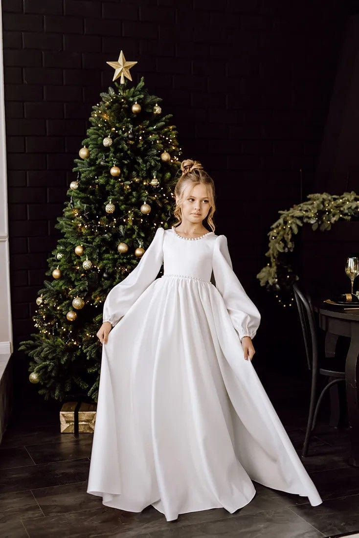 Sunnypetal Ivory Satin Flower Girl Dress Puffy Long Sleeves High Waist Wedding Communion Dress