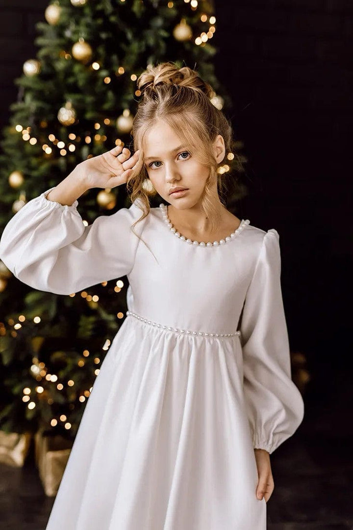 Sunnypetal Ivory Satin Flower Girl Dress Puffy Long Sleeves High Waist Wedding Communion Dress