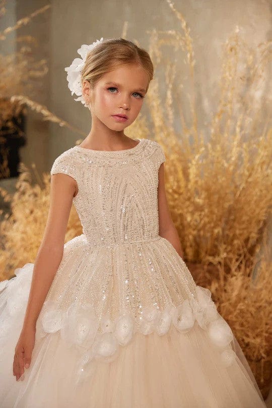 Sunnypetal Ivory Tulle Dress Sequins Bodice Short Sleeves Floral Flower Girl Dresses