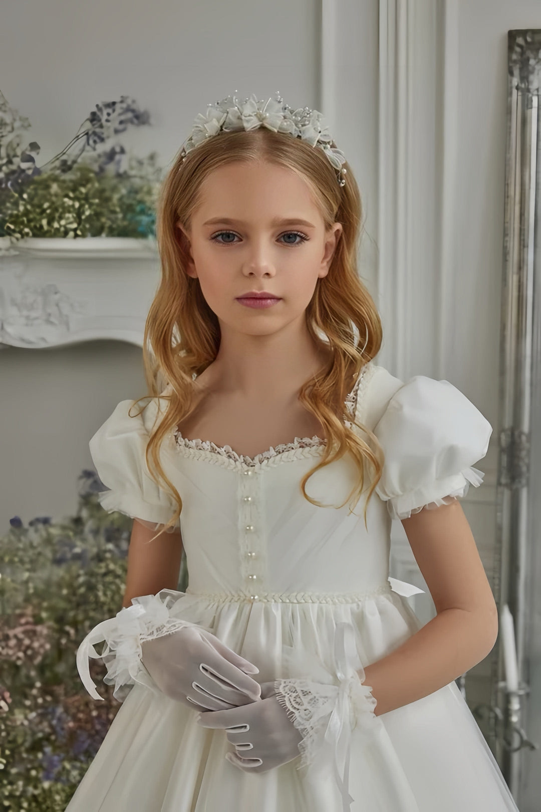 Sunnypetal Ivory Tulle Stain Flower Girl Dresses Short Sleeve First Communion Dress