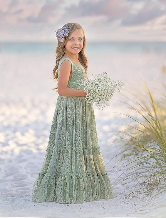 Sunnypetal Lace A-Line Floor-Length Kids Flower Girl Dress Wedding Birthday Party Dresses