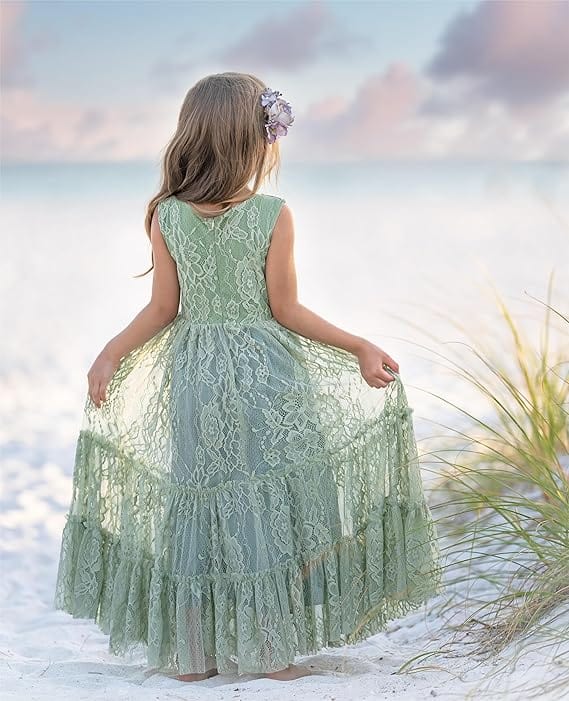 Sunnypetal Lace A-Line Floor-Length Kids Flower Girl Dress Wedding Birthday Party Dresses