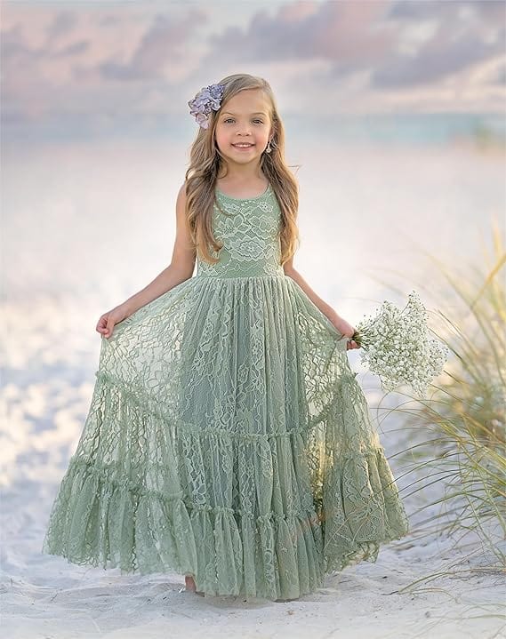 Sunnypetal Lace A-Line Floor-Length Kids Flower Girl Dress Wedding Birthday Party Dresses