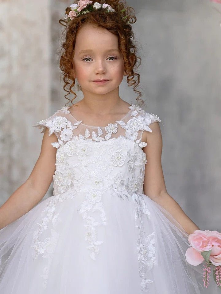 Sunnypetal Lace Appliques Bow Sleeveless Tulle Floor-Length Princess Flower Girl Dress