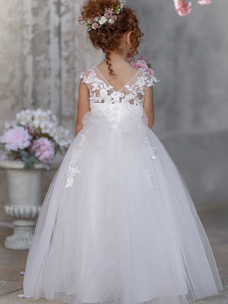 Sunnypetal Lace Appliques Bow Sleeveless Tulle Floor-Length Princess Flower Girl Dress