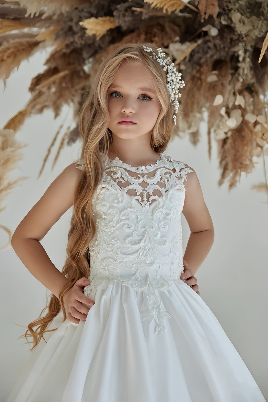 Sunnypetal Lace Appliques Flower Girl Dresses Deluxe Satin Traditional First Communion Dress