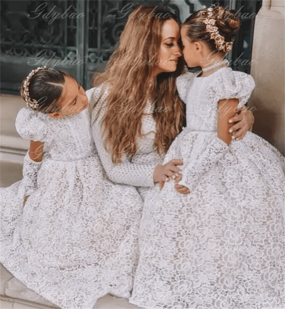 Sunnypetal Lace Flower Girl Dress For Wedding Puffy Sleeves  Kids Birthday Party First Communion