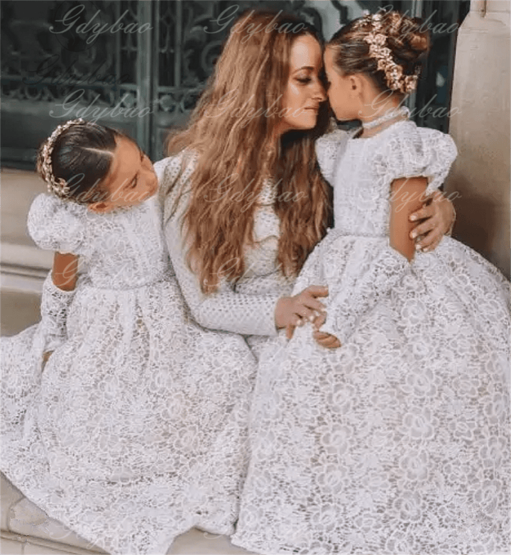 Sunnypetal Lace Flower Girl Dress For Wedding Puffy Sleeves  Kids Birthday Party First Communion