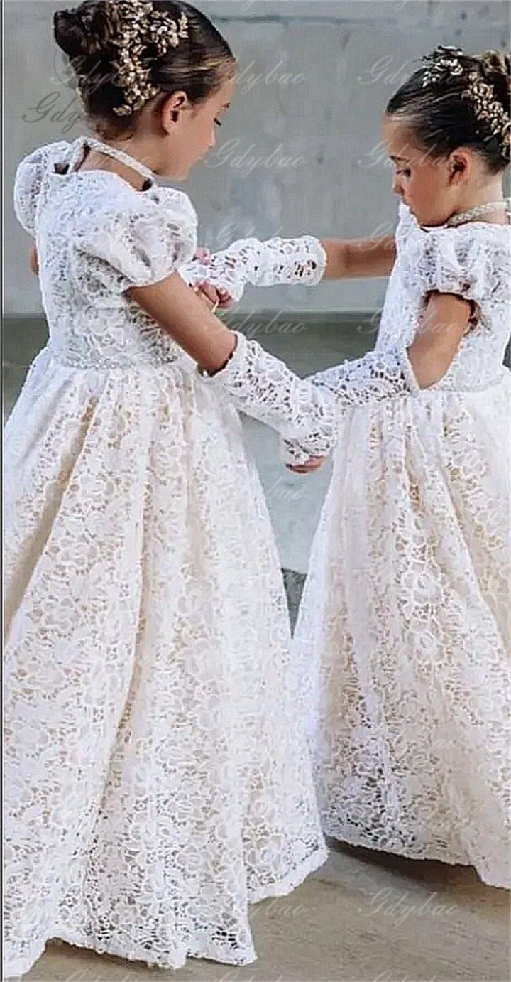 Sunnypetal Lace Flower Girl Dress For Wedding Puffy Sleeves  Kids Birthday Party First Communion