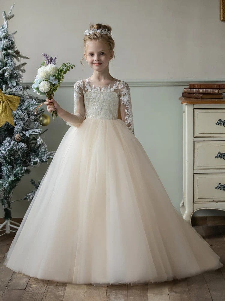 Sunnypetal Lace Tulle Wedding Flower Girl Dress Long Sleeve Applique with Bow Knot