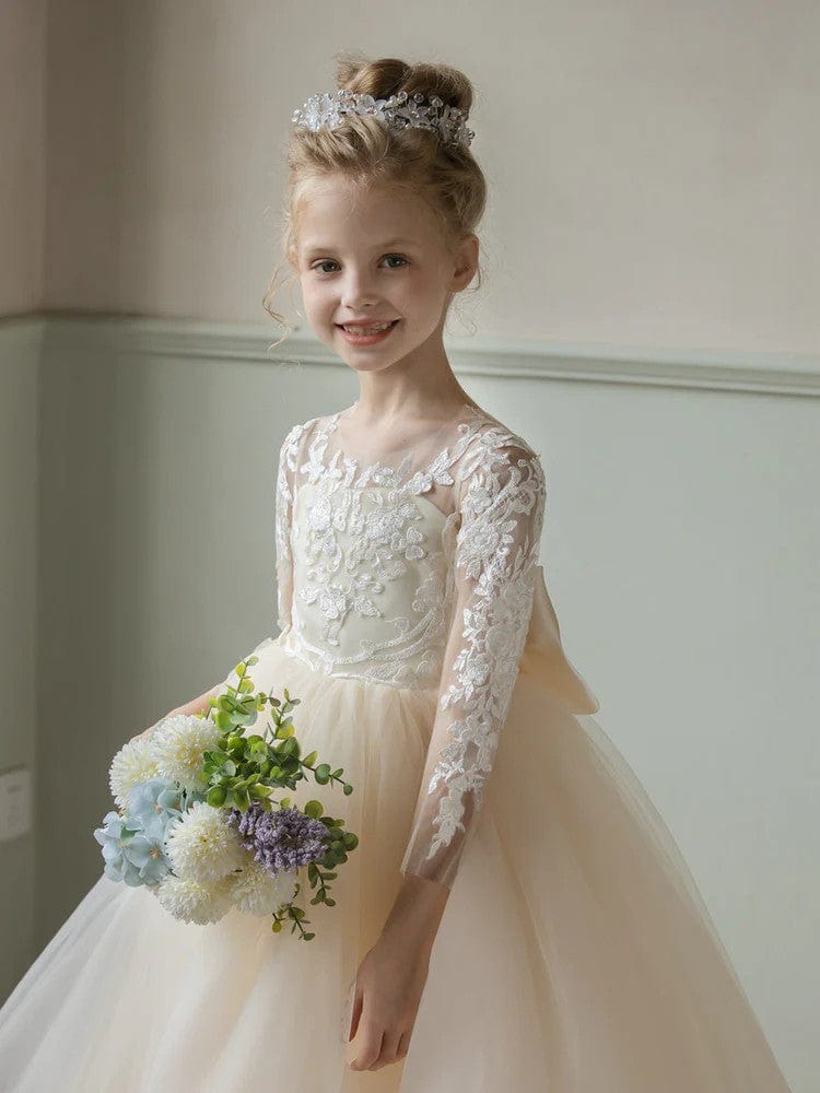 Sunnypetal Lace Tulle Wedding Flower Girl Dress Long Sleeve Applique with Bow Knot