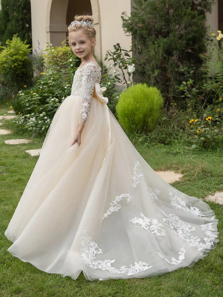 Sunnypetal Lace Tulle Wedding Flower Girl Dress Long Sleeve Applique with Bow Knot