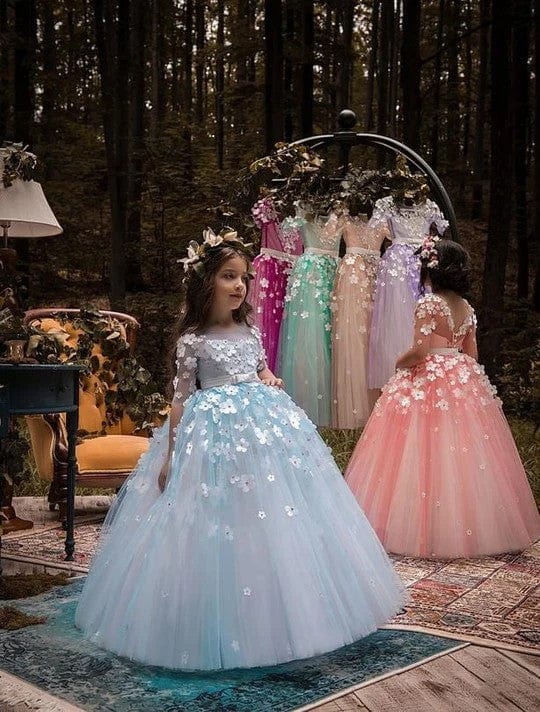 Sunnypetal Light Blue Flower Girl Dresses Half sleeves Tulle Ball Gown Dress With 3D Flower