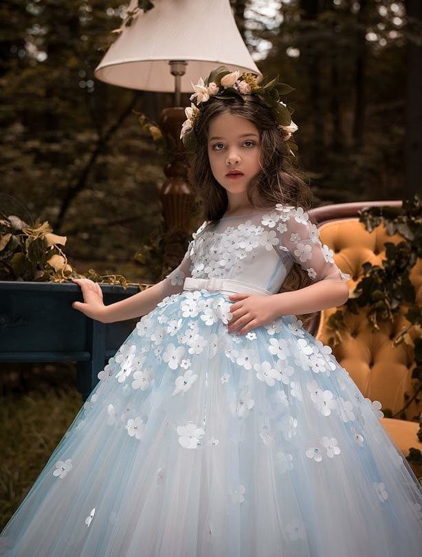 Sunnypetal Light Blue Flower Girl Dresses Half sleeves Tulle Ball Gown Dress With 3D Flower