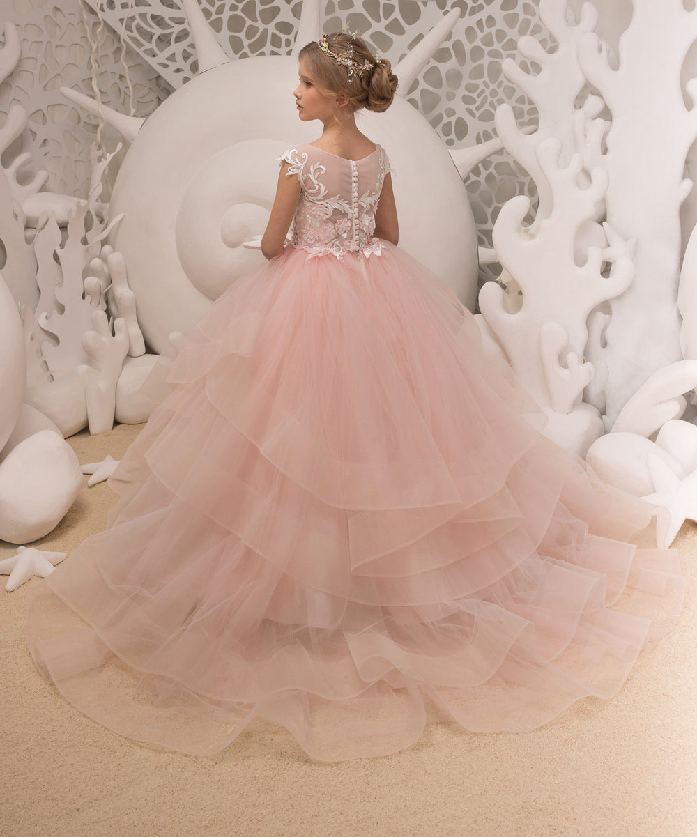 Sunnypetal Light Pink Appliques Pearls Tulle Princess Flower Girl Dresses