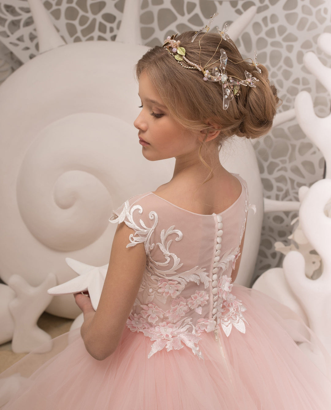 Sunnypetal Light Pink Appliques Pearls Tulle Princess Flower Girl Dresses