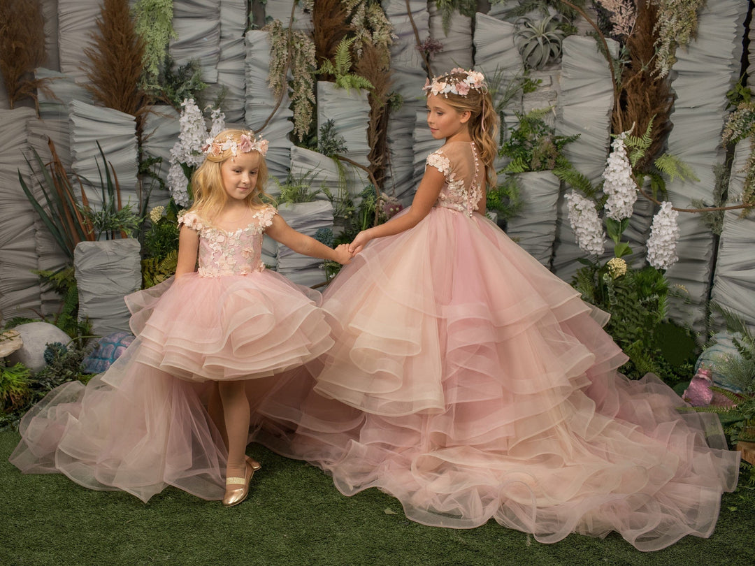 Sunnypetal Light Pink Short Sleeves Appliques Tulle Flower Girl Dresses with Train