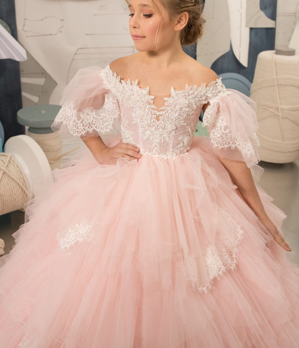 Sunnypetal Light Pink Tulle Lace Ball-Gown Flower Girl Tiered Dress With Beading