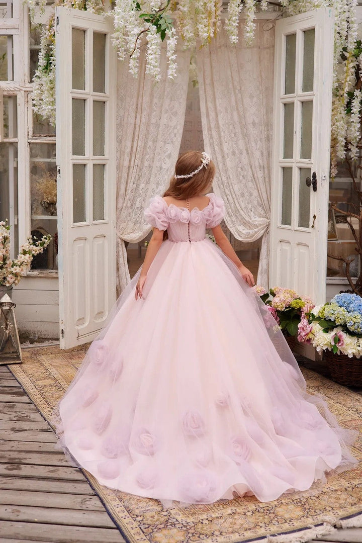 Sunnypetal Long Princess Flower Girl Dresses Delicate 3D Floral Pink Lace Tulle Dress