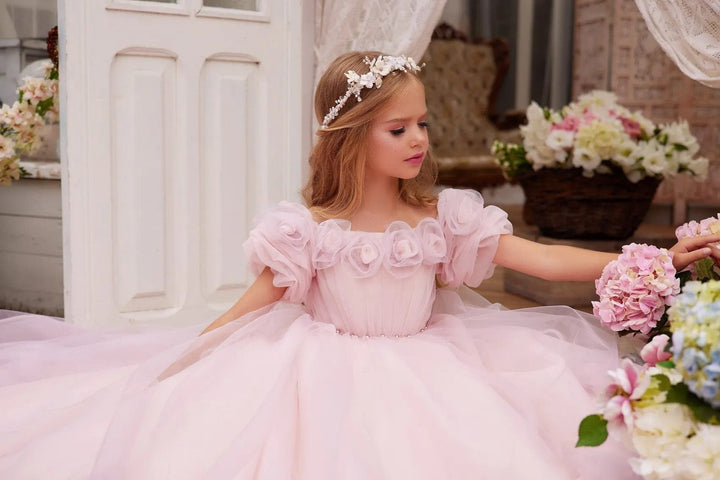 Sunnypetal Long Princess Flower Girl Dresses Delicate 3D Floral Pink Lace Tulle Dress