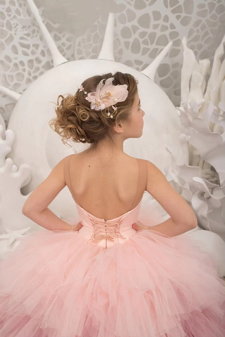 Sunnypetal Long Puffy Tulle Appliques Flower Girl Dresses Ball Gown With Beading