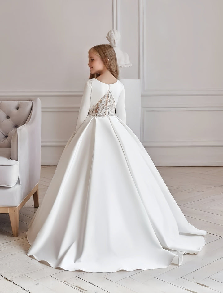 Sunnypetal Long Sleeves Satin Flower Girl Dresses Lace Appliques First Communion Gown