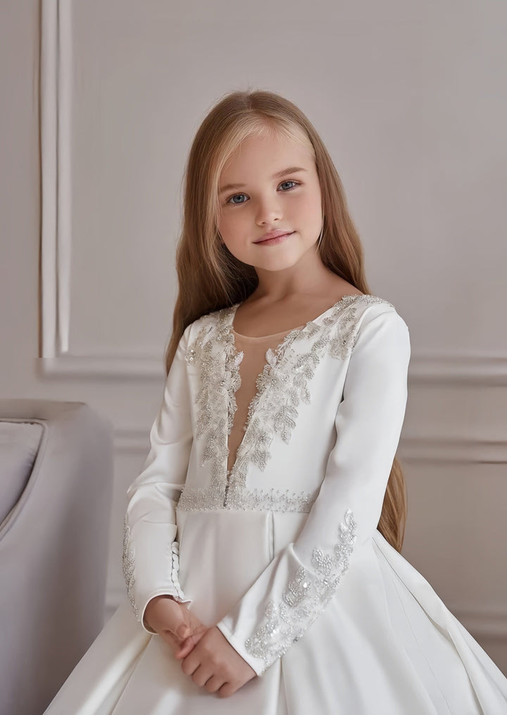 Sunnypetal Long Sleeves Satin Flower Girl Dresses Lace Appliques First Communion Gown