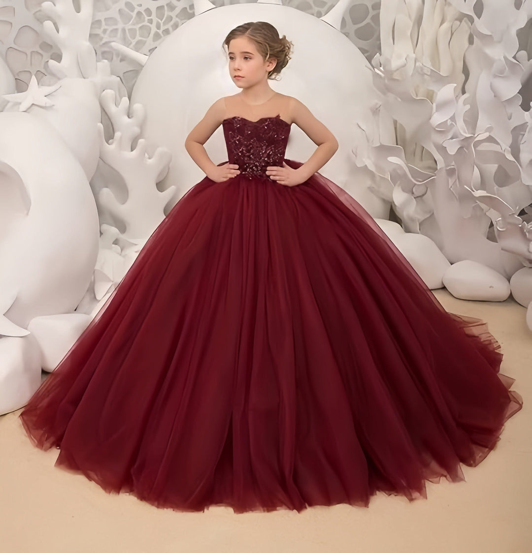 Sunnypetal Long Tulle Flower Girl Dress for Wedding Lace Applique Princess Pageant Dresses