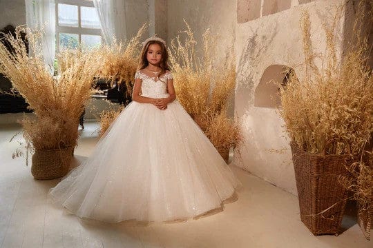 Sunnypetal Lovely Flower Girl Ball Gown Dresses Shiny Tulle Lace Appliques Wedding Communion Dress