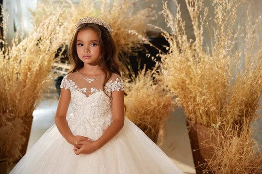 Sunnypetal Lovely Flower Girl Ball Gown Dresses Shiny Tulle Lace Appliques Wedding Communion Dress