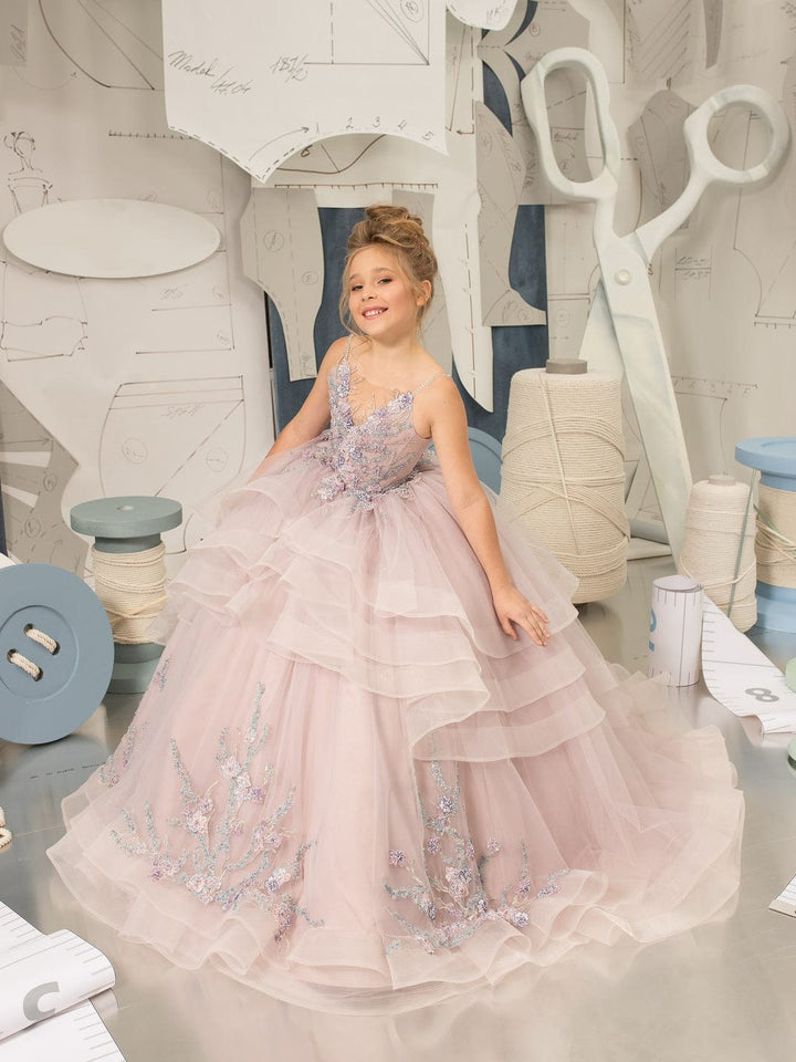 Sunnypetal Mauve Tulle Flower Girl Dresses Spaghetti Straps Purple Appliques Ball-Gown