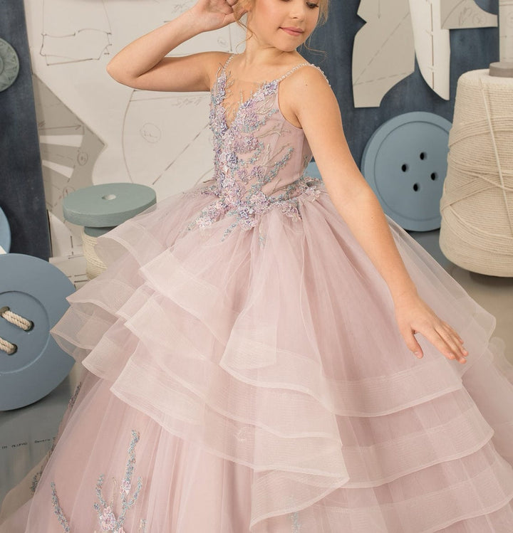 Sunnypetal Mauve Tulle Flower Girl Dresses Spaghetti Straps Purple Appliques Ball-Gown