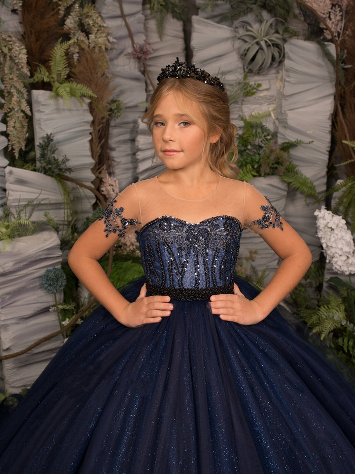 Sunnypetal Navy Shiny Tulle Flower Girl Dresses Short Sleeves Appliques Beading Sequins Ball-Gown