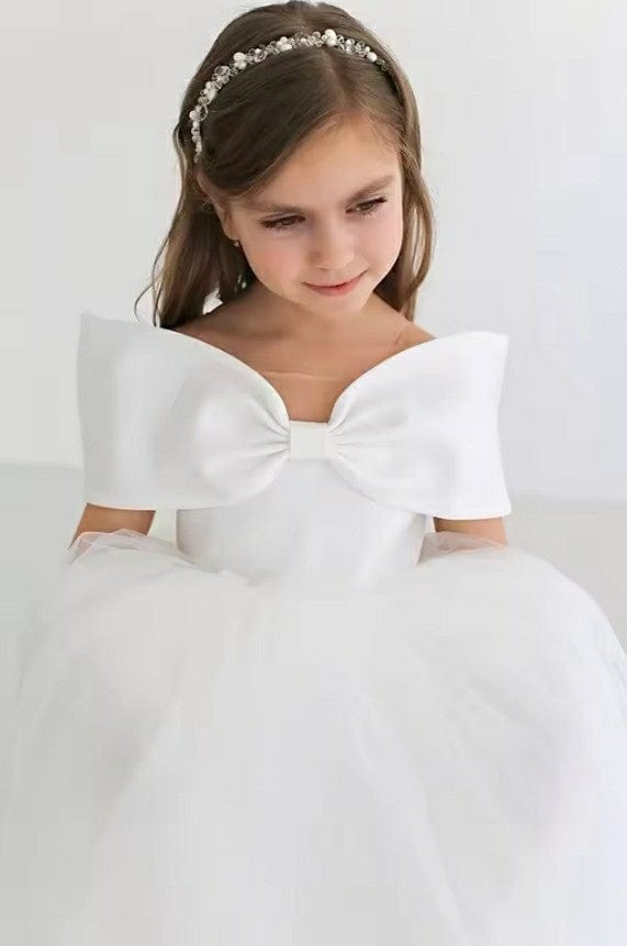 Sunnypetal Off Shoulder Bow Princess Tulle Flower Girl Dresses First Communion Baptism Gowns