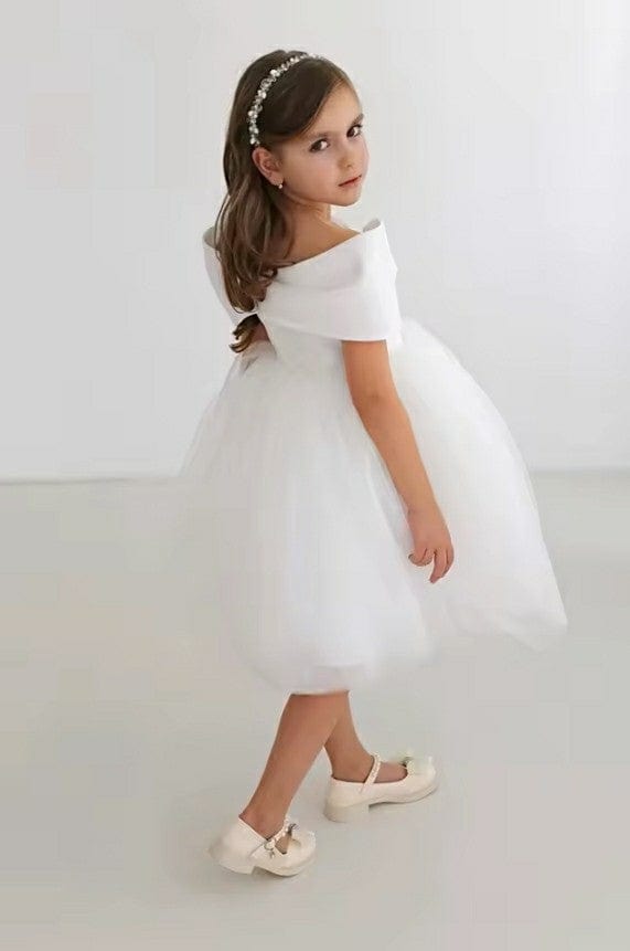 Sunnypetal Off Shoulder Bow Princess Tulle Flower Girl Dresses First Communion Baptism Gowns