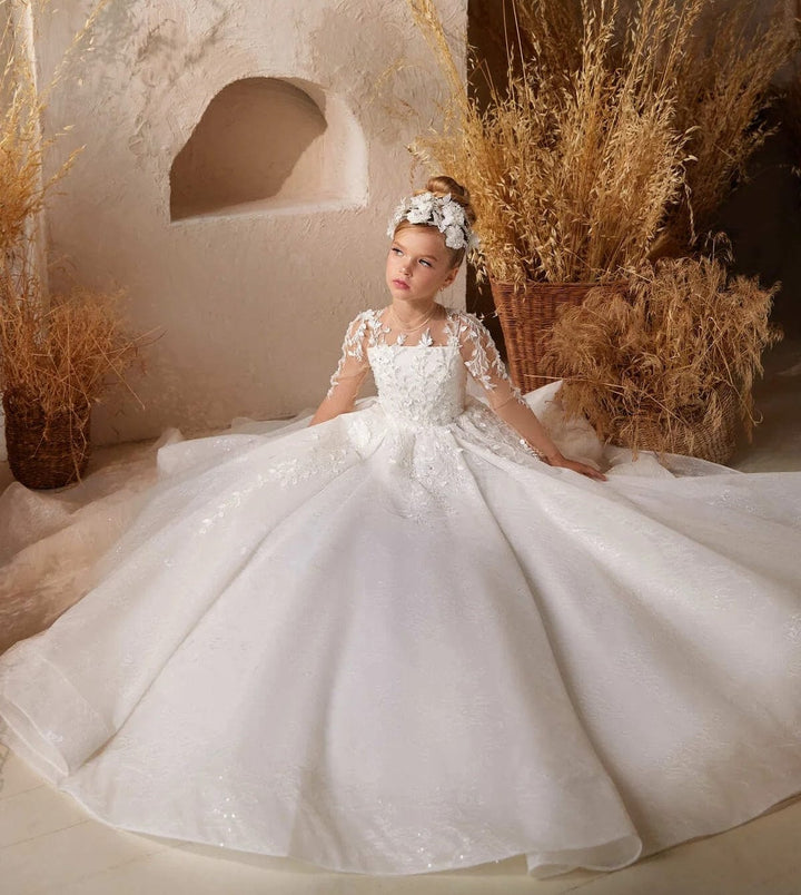 Sunnypetal Off-White Long Sleeve Lace Appliques Sequins Glitter Tulle Flower Girl Dresses