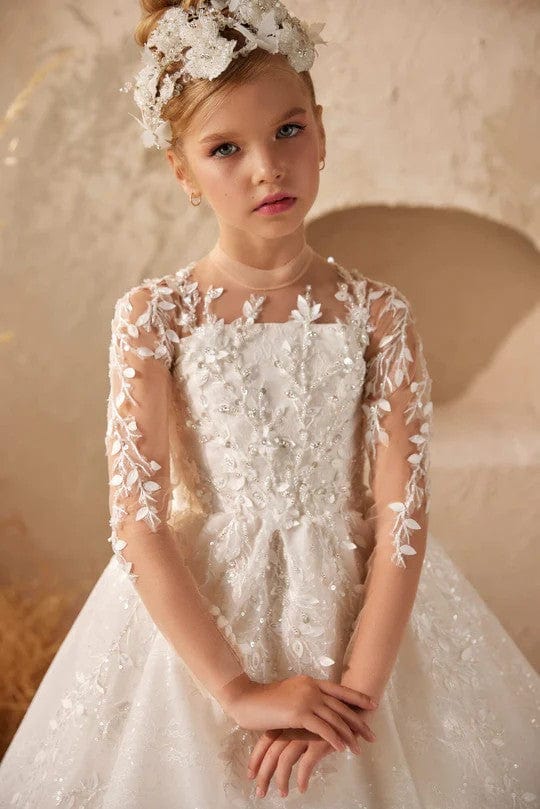 Sunnypetal Off-White Long Sleeve Lace Appliques Sequins Glitter Tulle Flower Girl Dresses