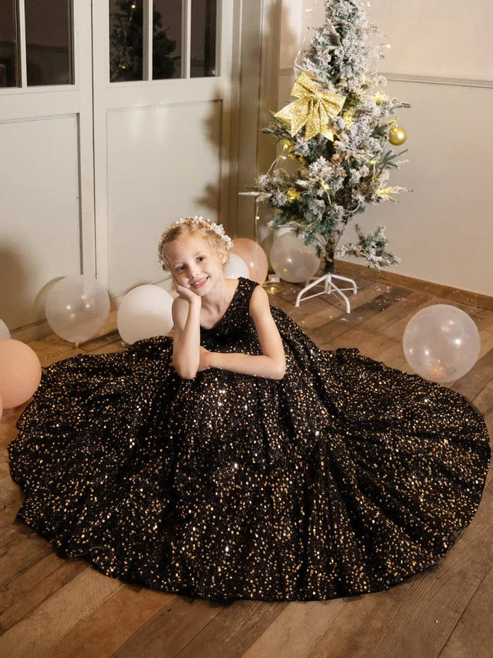 Sunnypetal One-Shoulder Black Velvet Shiny Sequins Sleeveless Flower Girl Dresses Birthday Prom Dress