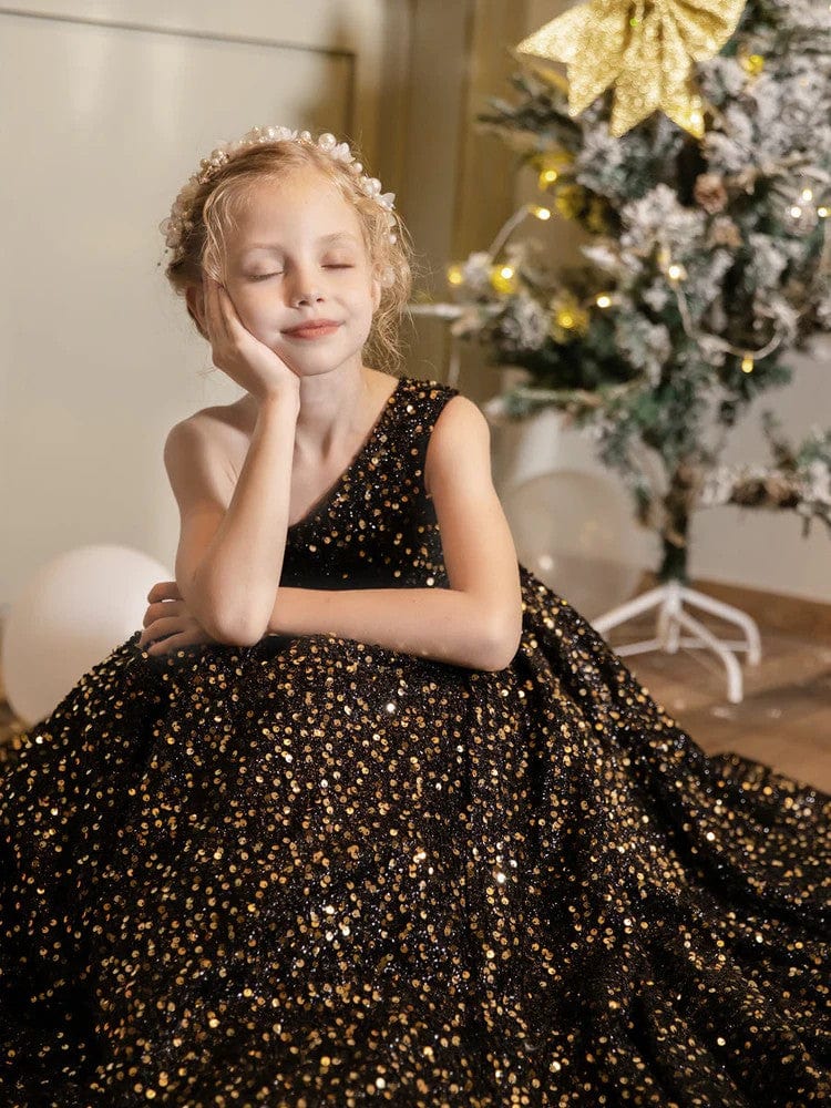 Sunnypetal One-Shoulder Black Velvet Shiny Sequins Sleeveless Flower Girl Dresses Birthday Prom Dress