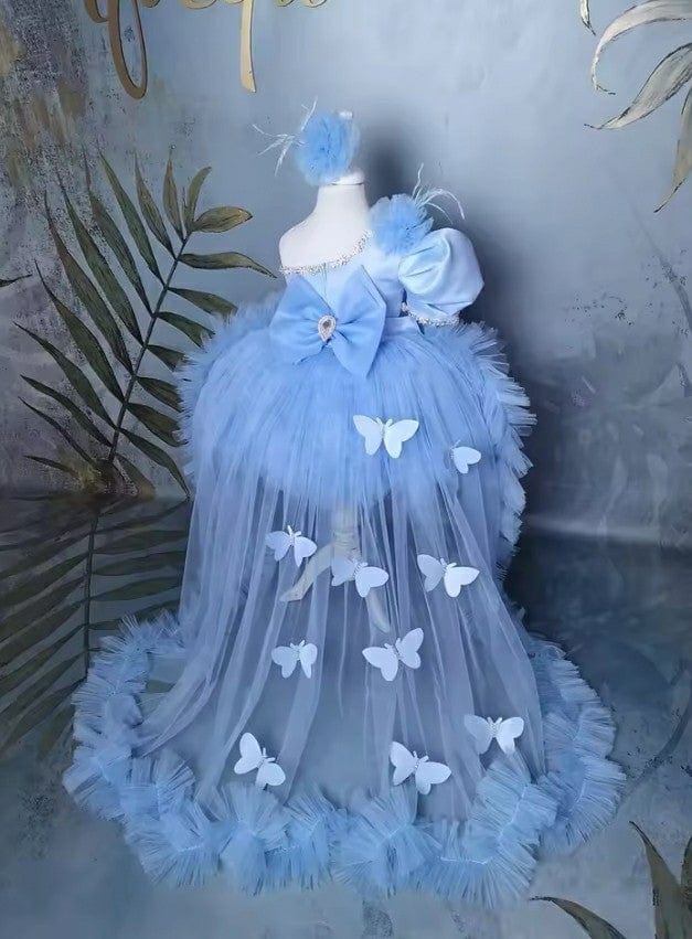 Sunnypetal One Shoulder Blue Flower Girl Dresses Tulle Ruffles Butterfly Birthday Prom Gowns