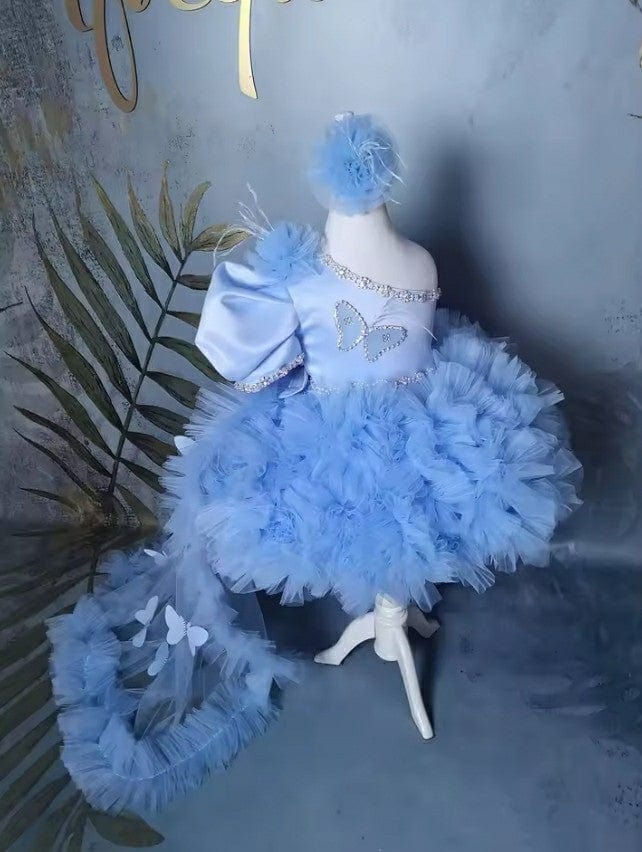 Sunnypetal One Shoulder Blue Flower Girl Dresses Tulle Ruffles Butterfly Birthday Prom Gowns