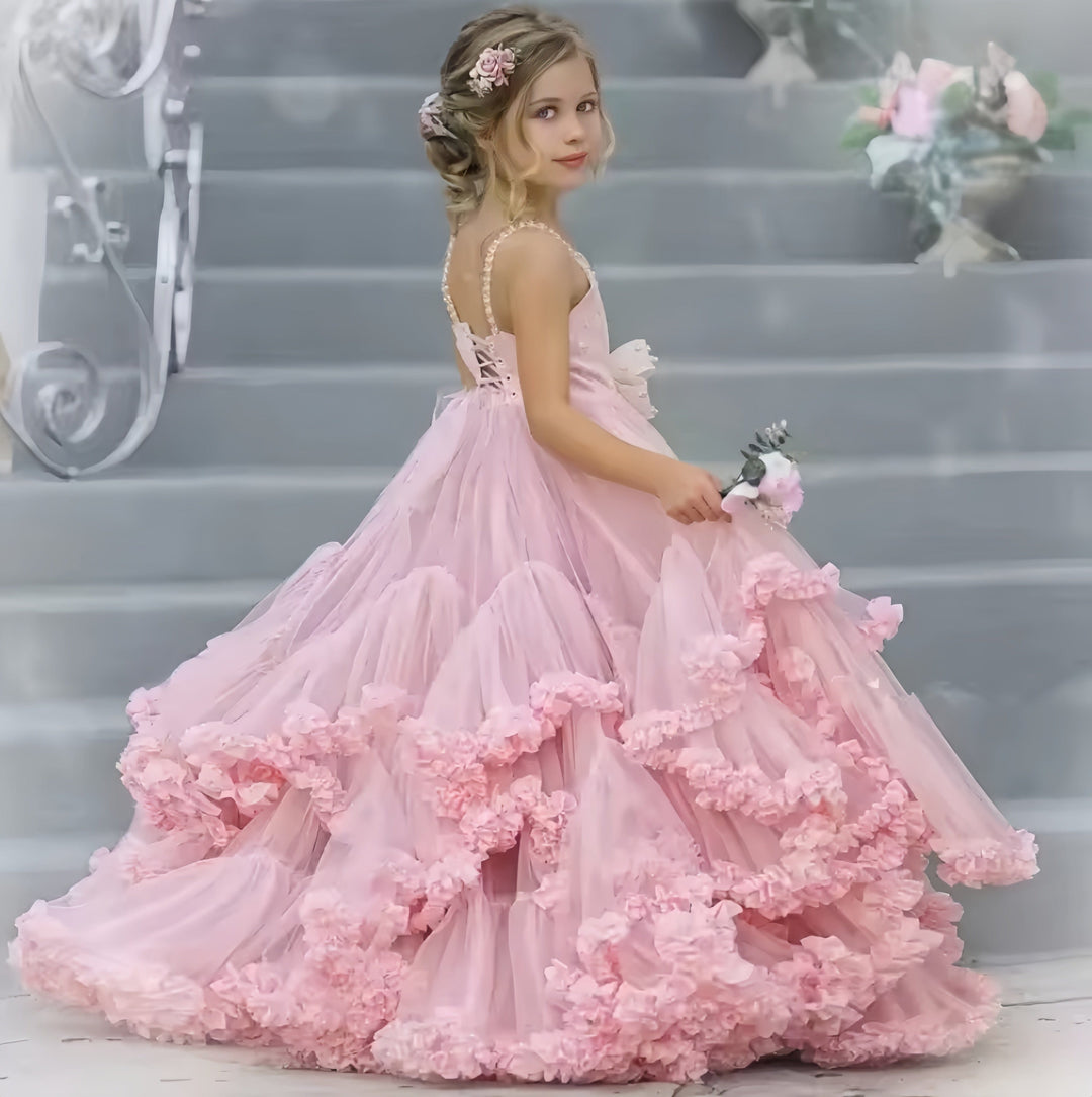 Sunnypetal Pink Kids Flower Girl Dresses Tulle Beaded Bow Pageant Gowns With Train