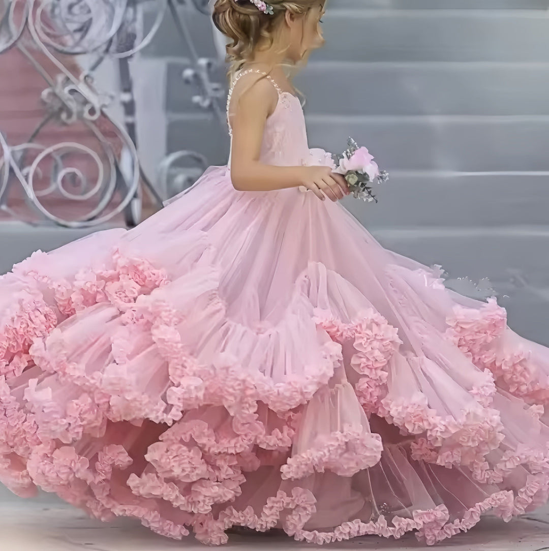 Sunnypetal Pink Kids Flower Girl Dresses Tulle Beaded Bow Pageant Gowns With Train