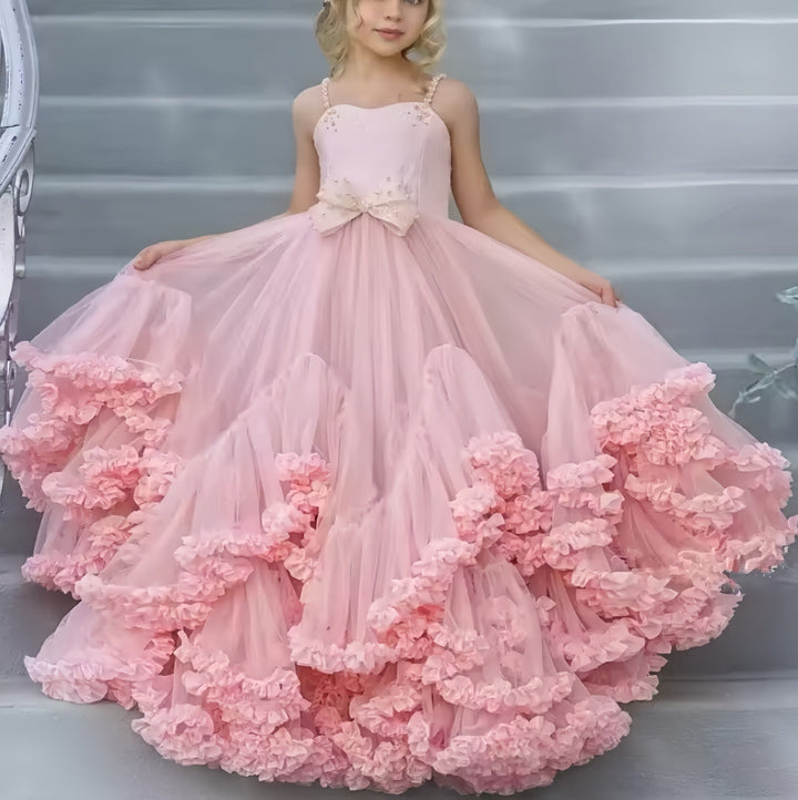 Sunnypetal Pink Kids Flower Girl Dresses Tulle Beaded Bow Pageant Gowns With Train